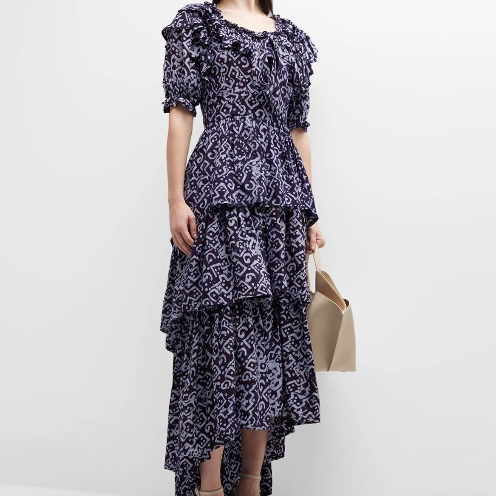 Purple Patterned High-Low Ruffle Dress